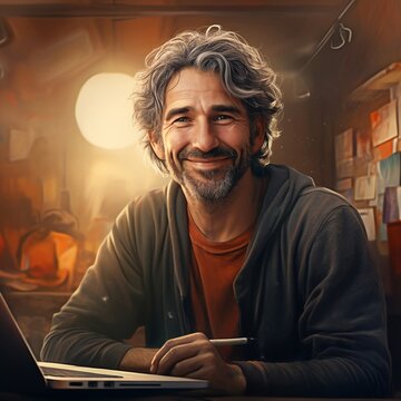 Image of a pleasant handsome male artist in his studio. AI generated