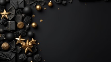 Christmas flat lay composition with elegant black and gold elements. Luxury festive decor on a dark background. Modern design for holiday cards, invitations, and posters. Generative AI.
