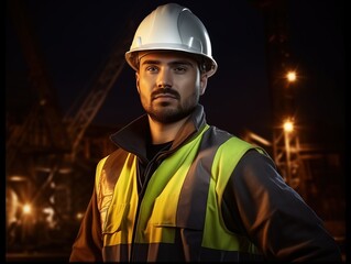 man wearing a hard hat and orange safety vest, serious expression. Background is blurry and there is a light shining from back