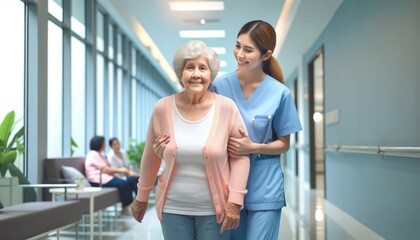 Fototapeta na wymiar Nurse Assisting Elderly Woman in Hospital Hallway