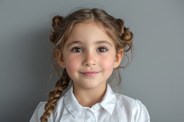 A 5 year old cheerful girl in a white school uniform, passport photography