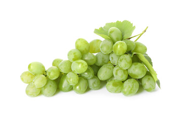 Fresh ripe grapes and leaves isolated on white