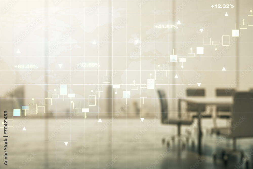 Poster multi exposure of virtual abstract financial graph hologram and world map on a modern furnished clas