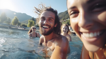 Fototapeta premium man with beard smiling. people in the lake. group of young teenager playing in the lake. smiling having fun girl and boy in the water.
