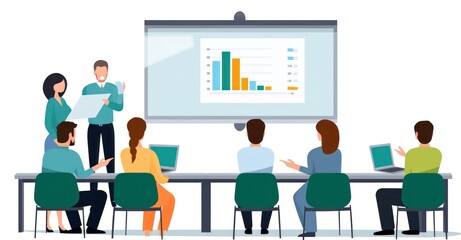 This vibrant vector illustration captures a group of experts engaged in risk assessment, surrounded by dynamic charts and data visualizations