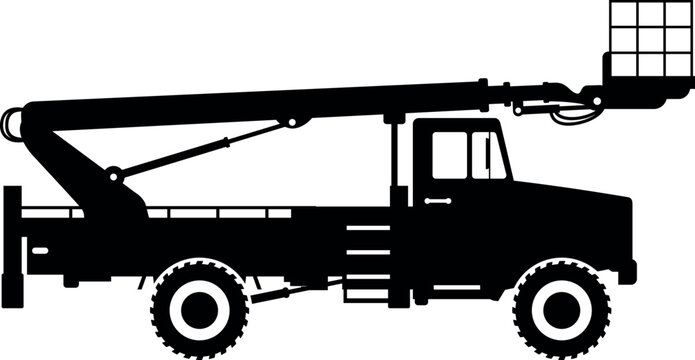 recommend clip art: Silhouette of Aerial Work Platform Bucket Truck Icon in Flat Style. Vector Illustration