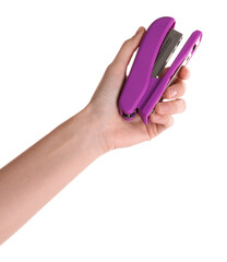 Woman holding purple stapler on white background, closeup