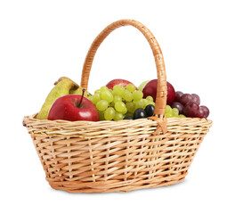 Many fresh fruits in wicker basket isolated on white
