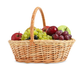 Many fresh fruits in wicker basket isolated on white