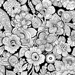Monochrome Ornate Pattern with Floral Motifs. Hand drawn pattern with leaves and flowers. Doodles floral ornament.