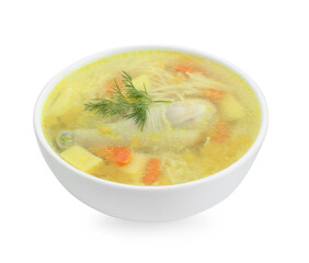 Delicious chicken broth in bowl isolated on white