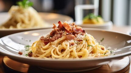 Delicious pasta with bacon and sauce. Italian cuisine. Recipe.