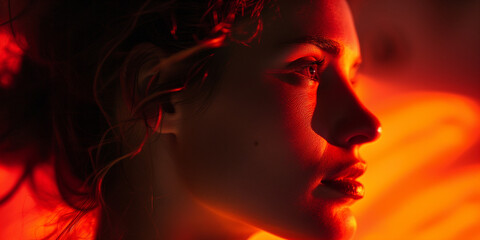 Fototapeta na wymiar Young woman in profile, her face bathed in a fiery red glow that gives a sense of intensity and passion