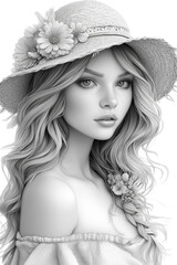Beautiful young woman in a straw hat . for adult coloring book