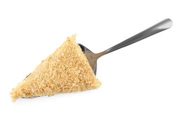 Piece of delicious Napoleon isolated on white, top view