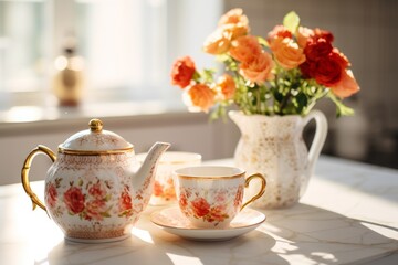 Elegant Afternoon Tea Setup with Floral Teapot and Blooms