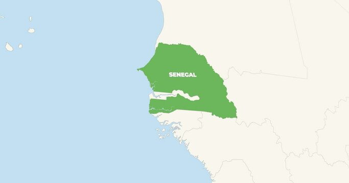 World Map Zoom In To Senegal. Animation in 4K Video. Green Senegal Territory On Blue and White World Map