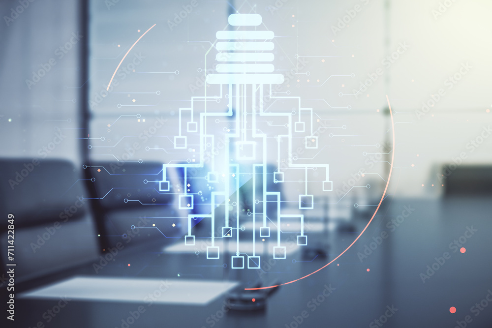 Poster double exposure of virtual creative light bulb hologram with chip on a modern meeting room backgroun