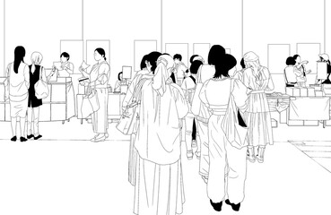 漫画風ペン画イラスト　アミューズメント施設_即売会場