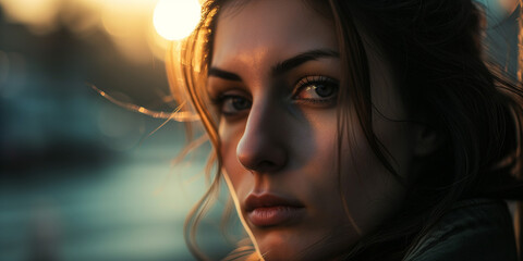 Young woman with an intense gaze, the sunset behind her casting a radiant glow and warm light on her face