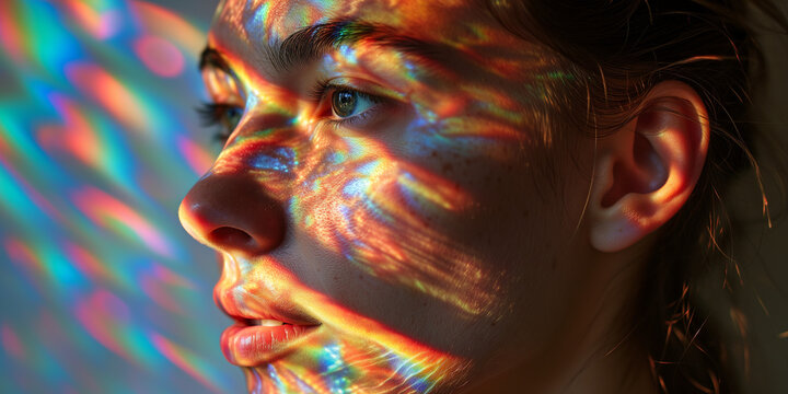 Intense young woman with a rainbow of lights playing across her face, symbolizing creativity and wonder