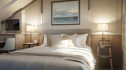 Interior Design Mock-up of a Guest Room: Cozy and inviting with a queen bed, soft lighting, and a small writing desk