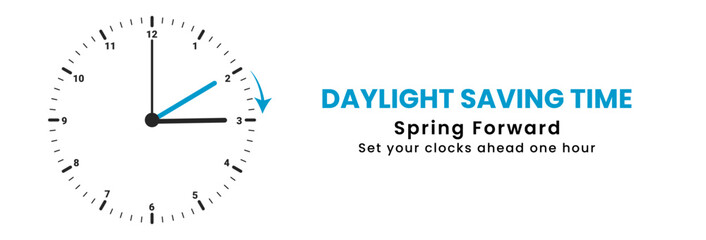 The concept of daylight saving time. Clocks are set one hour ahead. Spring forward, summer time web banner. Vector illustration