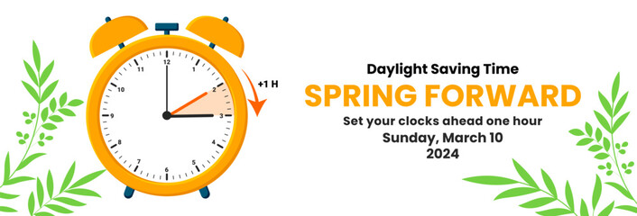 Daylight Saving Time Begins. The clock turns one hour on March 10, 2024. Spring forward concept banner. Vector illustration