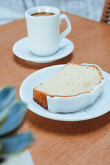 vertical image of pudding with coffee on table, pastry concept for social networks.