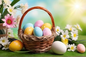 Fototapeta na wymiar Easter eggs and flowers herbs in basket arranged on blue pale background. generative ai