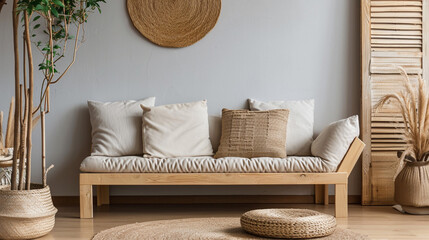 Wooden and wicker accessories in fashionable scandinavian living room interior. AI Generative