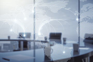 Double exposure of abstract digital world map hologram with connections on a modern meeting room background, research and strategy concept