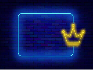 Winning and Birthday neon banner. Casino and bonus. Empty blue border and crown symbol. Vector stock illustration