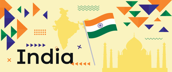 India Republic Day banner with Indian flag and silhouettes of country map and Taj Mahal landmark. Abstract geometric holiday design with orange, green and blue color shapes and memphis style elements - obrazy, fototapety, plakaty