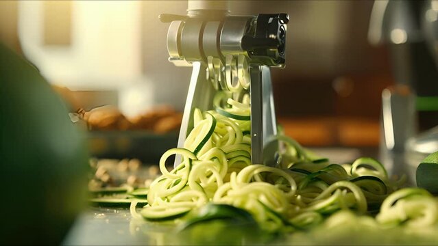 Closeup of a handcranked vegetable spiralizer turning a zucchini into noodles.
