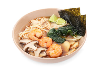 Delicious ramen with shrimps and mushrooms in bowl isolated on white. Noodle soup