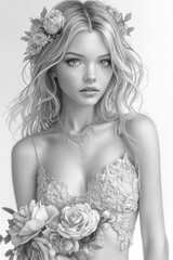 illustration of the young woman in lingerie. for adult coloring book