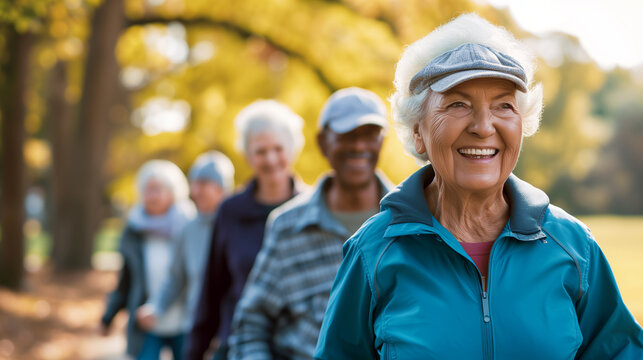 Group of cheerful senior friends walking together in a sunny park, enjoying active retirement and autumn colors.