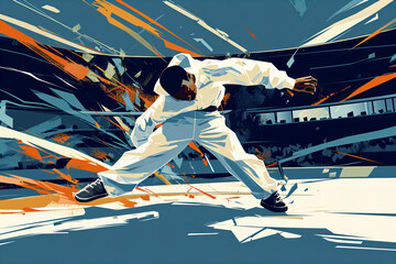 
Abstract illustration of b boy wearing white tracksuit break dancing, performing a complex trick at Olympic Games stadium