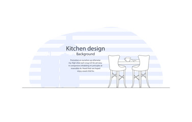 Kitchen outline interior background for landing page with a space for your text. Simple contour dining furniture with kitchen cooking area at the background. Vector illustration