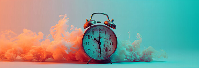 
Burning retro alarm clock on a pastel background, as a metaphor for time that is running out