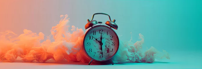 Fotobehang  Burning retro alarm clock on a pastel background, as a metaphor for time that is running out © ALL YOU NEED studio