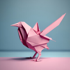 An origami 3d render of a pink bird in a blue blackground
