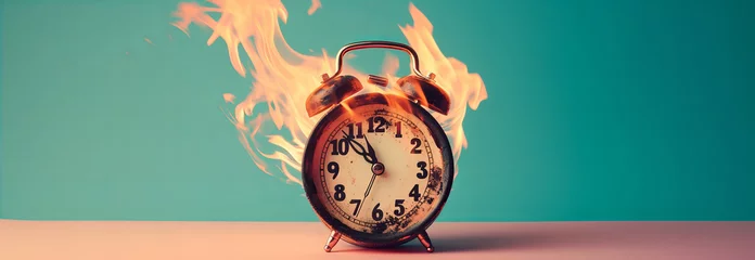 Fotobehang  Burning retro alarm clock on a pastel background, as a metaphor for time that is running out © ALL YOU NEED