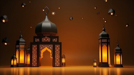 The theme of Eid-al-Adha, the Feast of Sacrifice.Ramadan Kareem background with lanterns. Generative AI
