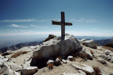 Mountain summit cross, death, grief, faith. Generative AI