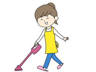 笑顔で掃除機をかける主婦のイラスト