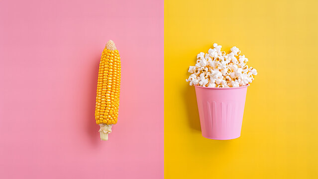 Image split on two. On one side on pastel pink background there is a corn. On another side on pastel yellow background is a pink bucket of popcorn .