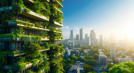 Green plants and gardens integrated with modern buildings in a smart city - obrazy, fototapety, plakaty