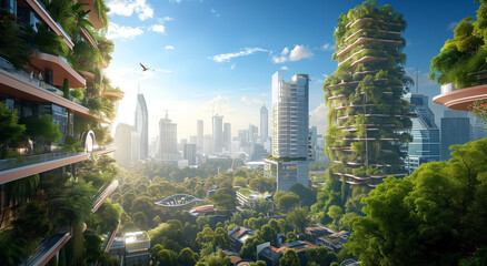 Green plants and gardens integrated with modern buildings in a smart city